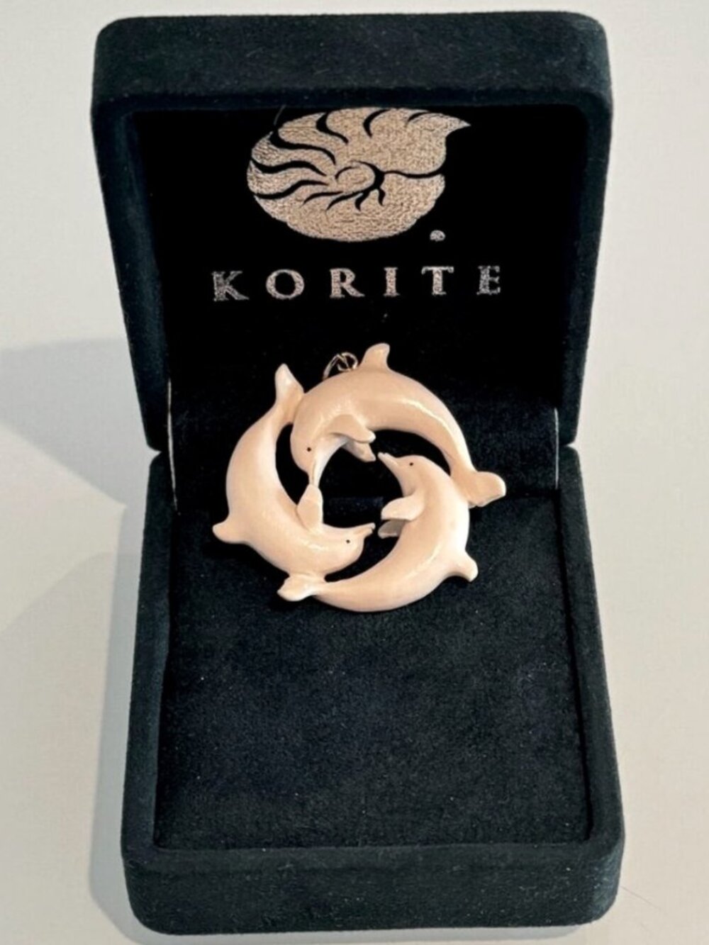 Korite Three Dolphin Mammoth Ivory Fossil Carving Pendant Box 14K Gold